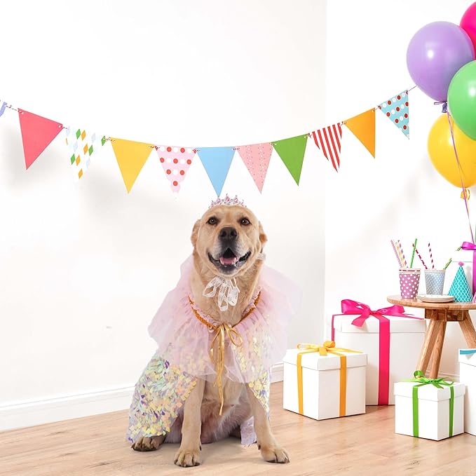 FLAdorepet Dog Princess Dress Costume with Rhinestones Crown,Pet Cat Cape Cloak Birthday Party Wedding Dress Up Outfits,Rainbow Mermaid Halloween Costume Clothes for Small Medium Large Dogs, Large
