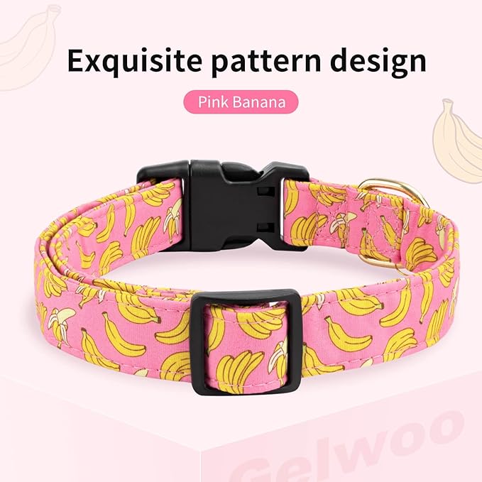 Cotton Dog Collar,Soft and Cute Puppy Collars with Banana Patterned Design for Girl Female Boy Dogs,Adjustable Buckle Pet Collar for Small Medium Large Dogs(Pink Banana, L)
