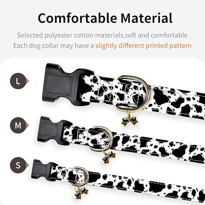 Cotton Dog Collar,Soft and Cute Puppy Collars with Crow Patterned Design for Girl Female Boy Dogs,Adjustable Buckle Pet Collar for Small Medium Large Dogs (Cow Print, L)