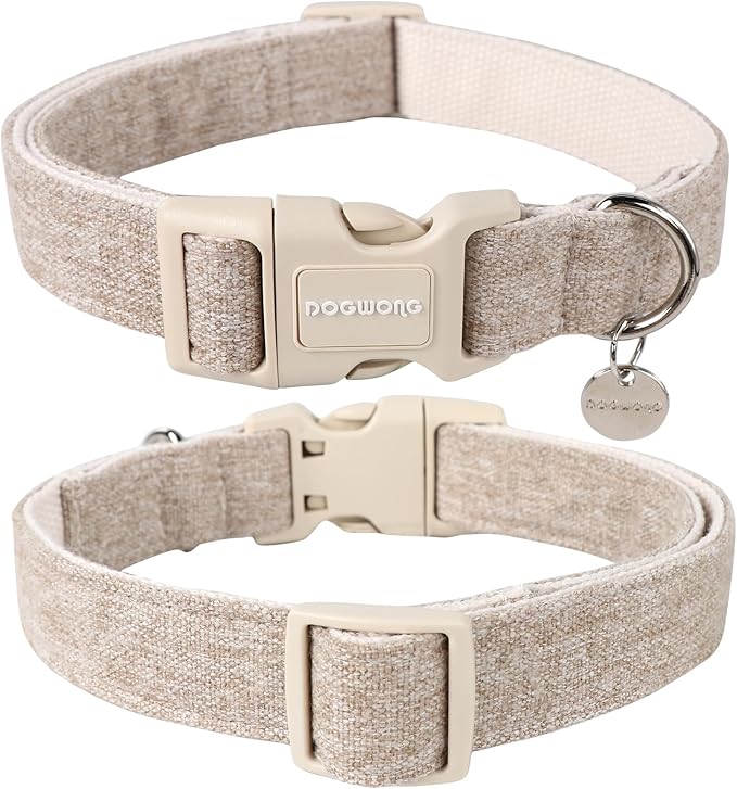 DOGWONG Cotton Hemp Dog Collar, Heavy-Duty Khaki Dog Collar Adjustable Soft Natural Fabric Pet Cute Wedding Puppy Necklace for Small Dogs"