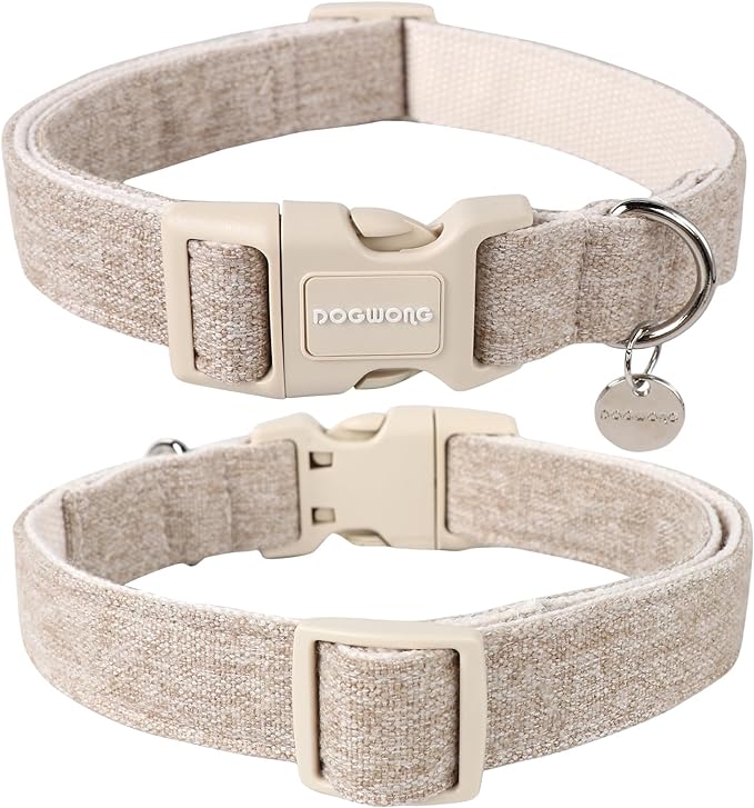 DOGWONG Cotton Hemp Dog Collar, Heavy-Duty Khaki Dog Collar Adjustable Soft Natural Fabric Pet Cute Wedding Puppy Necklace for Small Medium Large Dogs
