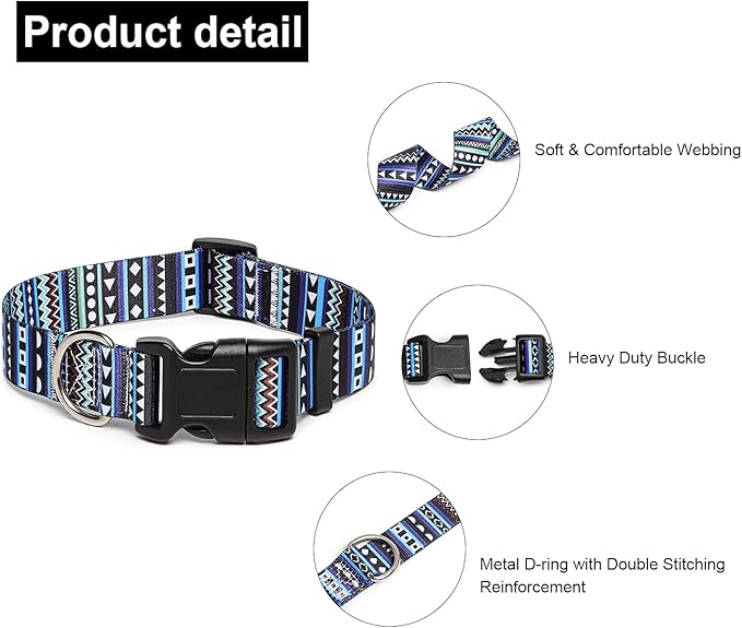 Adjustable Dog Collar with Patterns, Ultra Comfy Soft Nylon Breathable Pet Collar for Small Medium Large Dogs (M, Bohemian Blue)