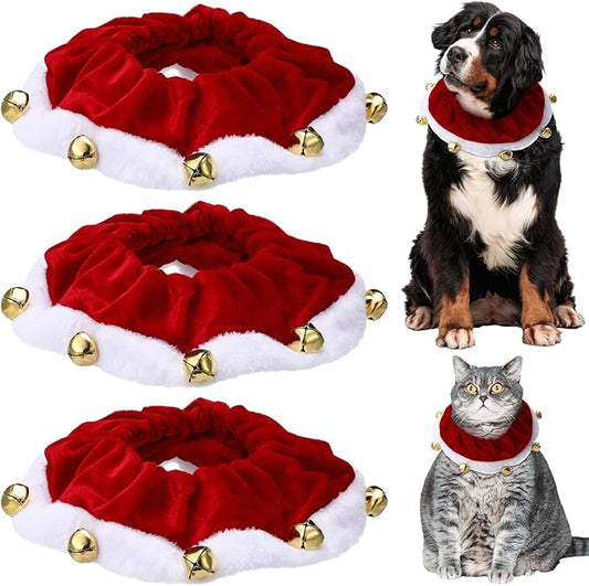 3 Pcs Christmas Jingle Bell Dog/Cat Collars Buckle Festive Christmas/Holiday Plush Neckwear for Xmas Dog Cat Outfit Pet Stretchable Scrunchy Costume Accessory Soft Collar with Bell(Large)
