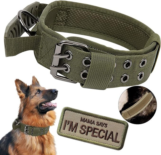 Tactical Dog Collar with Handle - Military Adjustable Dog Training Collar Soft Nylon and Heavy Duty Metal Buckle for Medium Large Dogs - with Patch (Green with Patch, Medium)