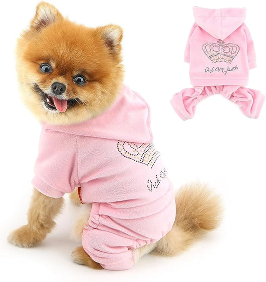 SELMAI Girl Dog Clothes for Small Dogs Cute Doggie Outfits Rhinestone Crown Stretchy Puppy Pajamas Soft Velvet Hoodie 4 Legged Jumpsuit Lightweight Pet Tracksuit Cat Apparel Leash Hole