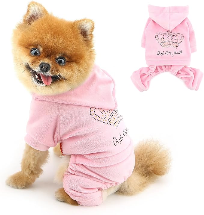 SELMAI Girl Dog Clothes for Small Dogs Cute Doggie Outfits Rhinestone Crown Stretchy Puppy Pajamas Soft Velvet Hoodie 4 Legged Jumpsuit Lightweight Pet Tracksuit Cat Apparel Leash Hole