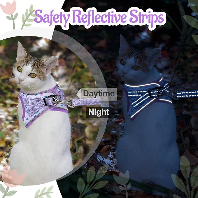 Cat Harness and Leash Escape Proof for Walking, Adjustable Soft Kitten Harness with Reflective Straps Step in Cat Vest Harness for Small Kitten and XS Dogs (Purple, S-Chest(11.8"-13.7"))