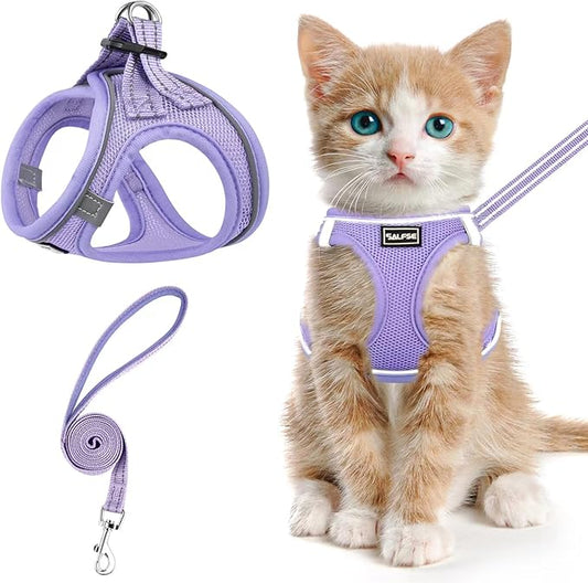 Cat Harness and Leash for Walking Escape Proof, Adjustable Kitten Vest Harness Reflective Soft Mesh Puppy Harness for Outdoor, Comfort Fit, Easy to Control (Purple, S)
