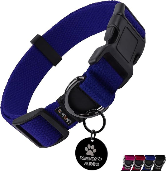 Cotton Soft Dog Collar, Quick Release Dog Collar with Buckle, Heavy-Duty Adjustable Pet Collar for XS Small Medium Large Dog, Colorfast Dog Collars with Removable Tag(M, Blue)
