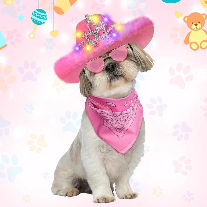 Aliceset 3 Pcs Pet Cowboy Costume Cat Cowboy Accessories Set Neon Sparkly Dog Cowboy Hat Paisley Bandanna Collar and Sunglasses LED Light up Western Small Cat Dog Cowgirl Costume(Pink, Crown)