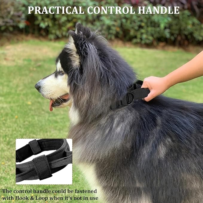 Tactical Dog Collar with Handle - Military Adjustable Dog Training Collar Soft Nylon and Heavy Duty Metal Buckle for Medium Large Dogs - with Patch (Black, Large)