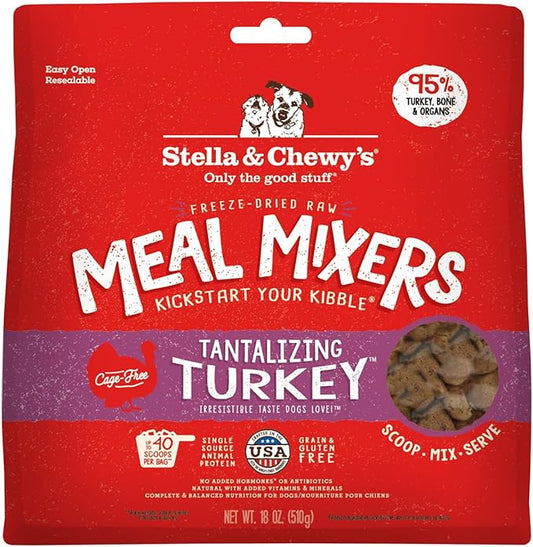 Stella & Chewy's Freeze-Dried Raw Tantalizing Turkey Meal Mixers- Dog Food Topper and Mixer - Made with 95% Cage-Free Turkey, Organs & Bone - Perfect for Picky Eaters - Grain-Free - 18 oz