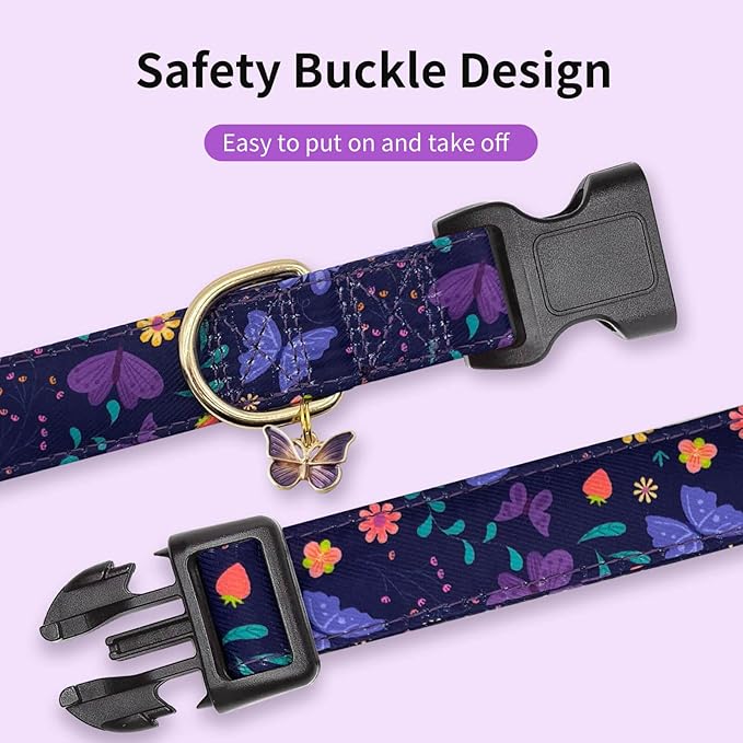 Dog Collars with Buckle Adjustable for Cute Girl Female Boy Dogs,Special Soft and Fancy Dog Pet Collar with Flower Design for Small Medium Large Dogs (L, Purple Butterfly)
