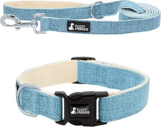 Lt Blue Hemp Dog Collar and Leash Set - Hypoallergenic Dog Collar - Comfortable for Sensitive Skin or Allergies with no Harsh Dyes or Chemicals - 5 Sizes from X-Small to x-Large Breeds
