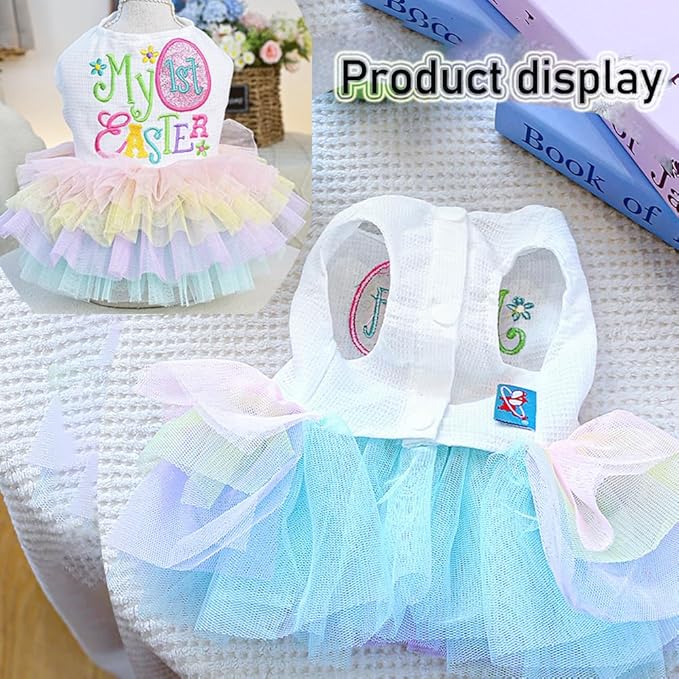 Dog Easter Outfit with My 1st Easter Embroidery Letters Holiday Puppy Dress Rainbow Small Dog Tutu Cat Apparel Fancy Pet Clothes for Chihuahua Yorkie Pomeranian Poodle (Colorful, X-Small)