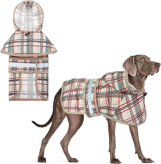 KOOLTAIL Dog Raincoat Hooded Slicker Poncho with Leash Hole, Raincoat for Medium Large Dogs, Waterproof Doggie Rain Jacket with Reflective Strip, Adjustable Breathable Plaid Puppy Rainwear-Beige L