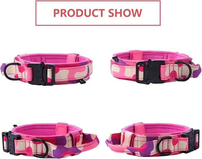 Xqpetlihai Tactical Dog Collar Adjustable Military Nylon Dog Collar with Control Handle and Heavy Duty Metal Buckle for Medium and Large Dogs (Pink Camo,L)