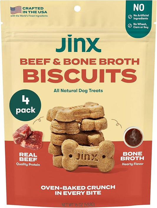 Jinx Oven-Baked Beef Bone Broth Biscuit Treats, Crunchy, All Natural, Superfood-Rich with Real Beef, Pumpkin & Blueberries, 16oz, 4 Pack