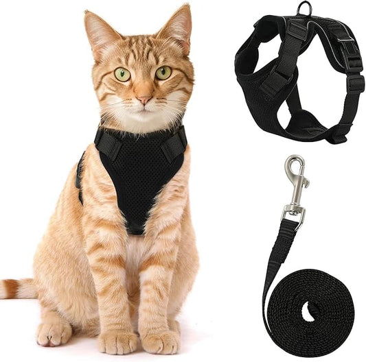 Cat Harness and Leash Set,Escape Proof Adjustable Cat Harness,Soft and Breathable Kitten Harness and Leash with Reflective Strips for Walking and Traveling(Black,XS)