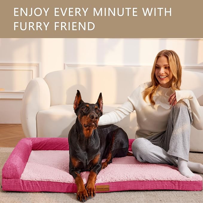 Patas Lague Orthopedic Jumbo Dog Bed for Extra Large Dogs 56''X40'', Waterproof L Shaped Jumbo Pet Sofa Beds with Removable Washable Cover, Soft Comfortable Pet Couch Mat with Nonskid Bottom, Pink