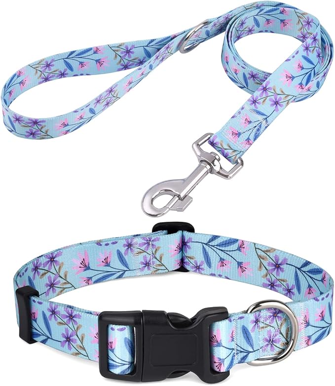 Dog Collar and Leash Set with Bohemia Floral Tribal Geometric Patterns - Soft Ethnic Style Collar Adjustable for Small Medium Large Dogs(Pink + Purple Floral Set,M)