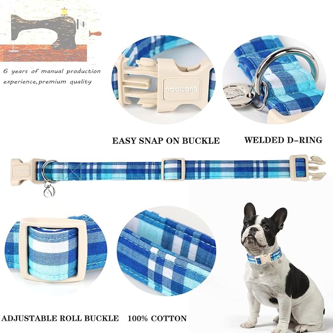 DOGWONG Cotton Dog Collar, Blue Plaid Heavy-Duty Dog Collar Durable Soft Boy Dog Collar Cute Wedding Puppy Necklace for Small Medium Large Dog