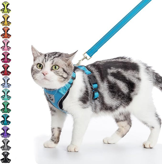 PUPTECK Cat Harness and Leash Set Escape Proof Reflective Cat Walking Harness Adjustable Soft Breathable Mesh Vest for Small Pets, Blue, M