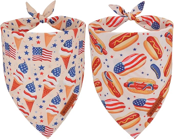 ADOGGYGO American Flag Dog Bandana, Ice Cream Hamburg Flag Pet Scarf, Premium Durable Fabric, Patriotic 4th of July Bandanas for Medium Large Dogs Pets (Large)