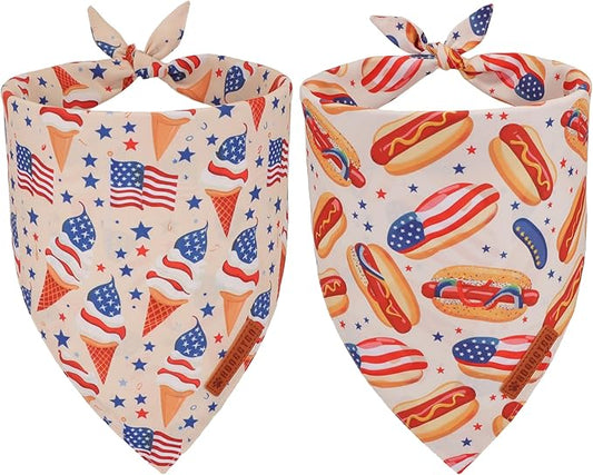 ADOGGYGO American Flag Dog Bandana, Ice Cream Hamburg Flag Pet Scarf, Premium Durable Fabric, Patriotic 4th of July Bandanas for Medium Large Dogs Pets (Large)