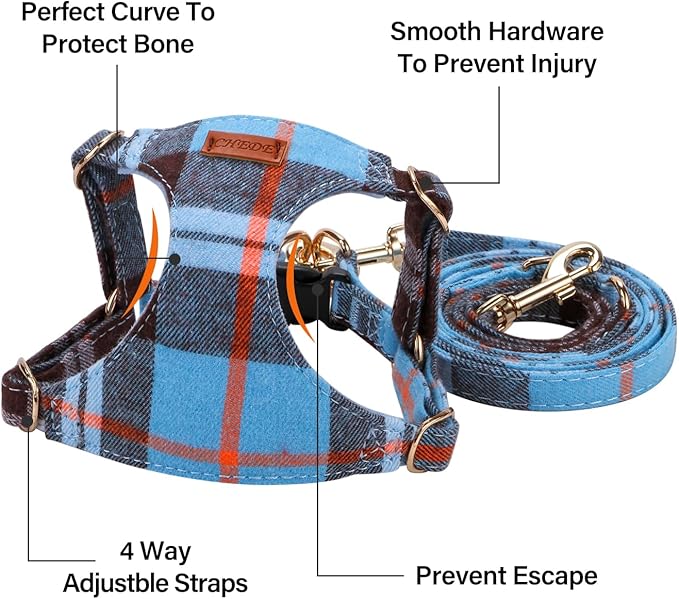 CHEDE No Pull Puppy Harness and Multifunction Dog Leash Set- 8 Colors Soft Adjustable No Choke Escape Proof Cute,Lightweight Pet Vest Harness for Small and Medium Dog (M, Blue Grid)