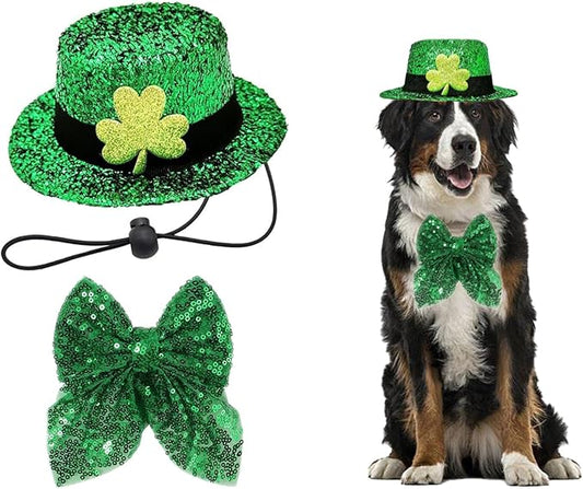 Dog St. Patrick's Day Costume, St Patricks Day Pet Outfit Green Shamrock Hat Bow Tie Collar for Small Medium Large Dogs (Green Shamrock)