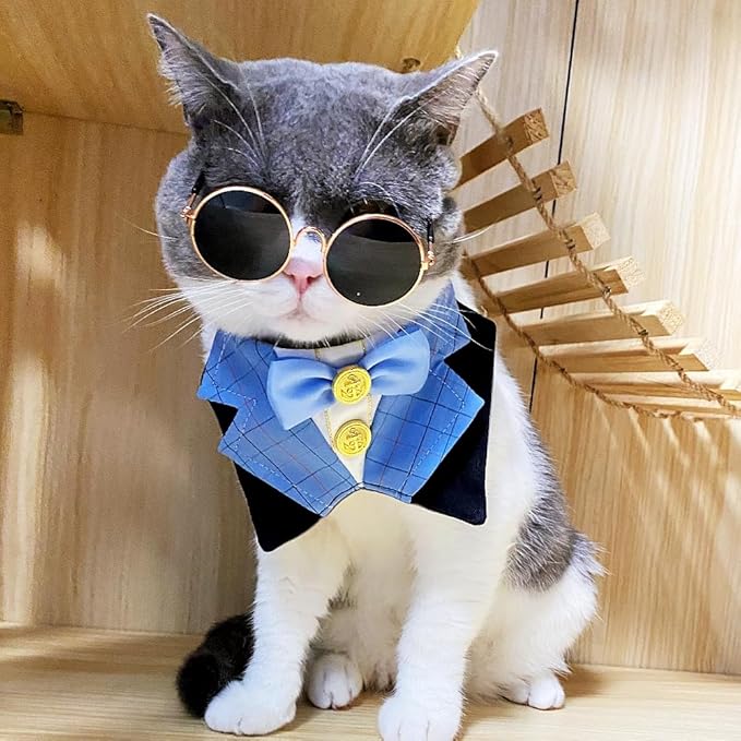 Dog Tuxedo Formal Cat Birthday Costume Cat Dog Formal Wedding Attire (Blue)