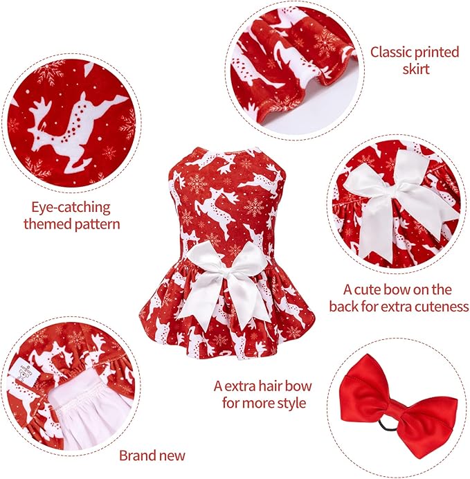 CuteBone Dog Christmas Dresses Outfit Velvet Holiday Small Dogs Clothes Onesie Pet Apparel Girl Puppy Skirt with Bow Hair Rope CVA29M