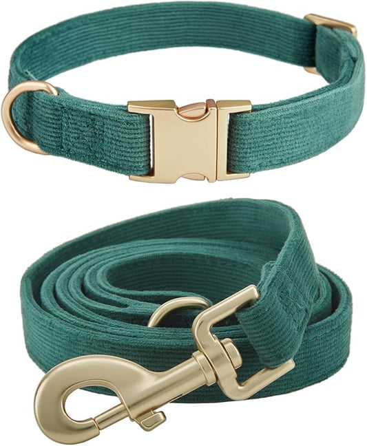 Soft Corduroy Dog Collar and Leash Set, Adjustable Cotton Dog Collars with Metal Buckle and Lead for Medium Dogs,Dark Green