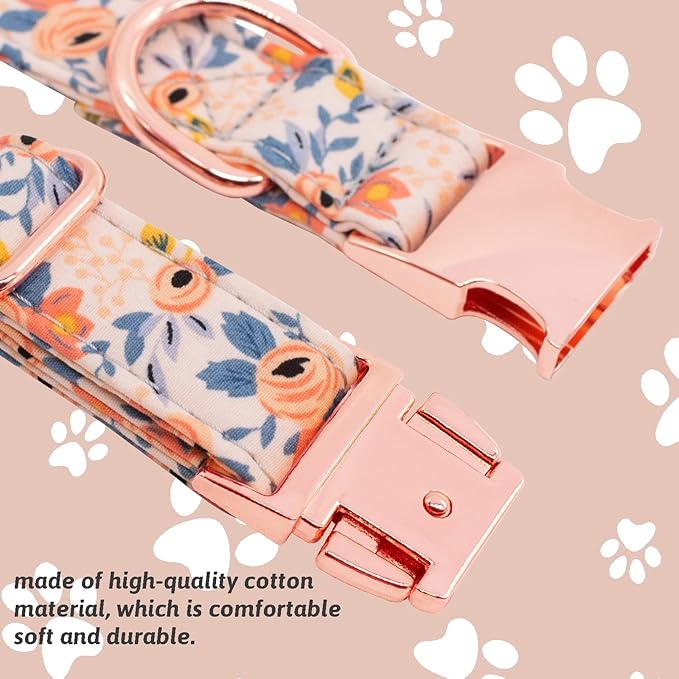 Dog Collar and Leash Set Girls Adjustable Puppy Collars with Floral Bow Tie for Small Medium Large Female Dogs, Orange Flower, S