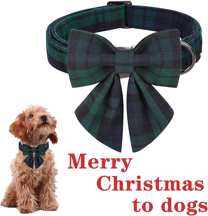 Unique style paws Christmas Dog Collar with Bow Tie Green Plaid Puppy Collar for Small Medium Large Dogs as Autumn Winter Pet Gifts-XL