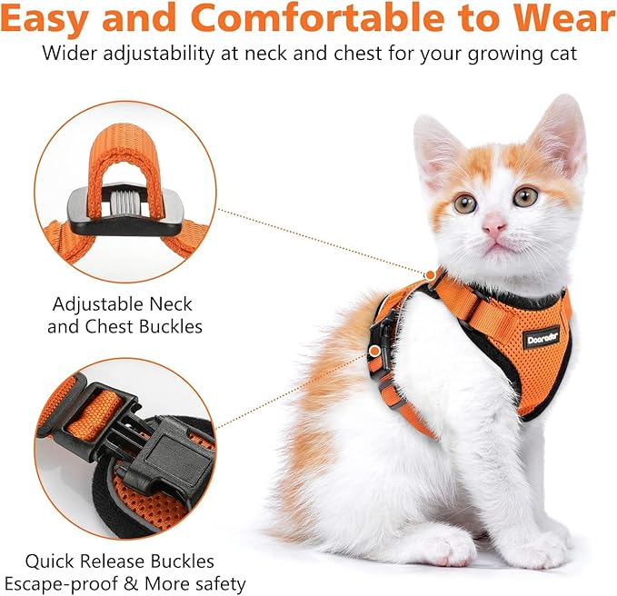 Dooradar Cat Harness and Leash Set, Escape Proof Safe Adjustable Kitten Vest Harnesses for Walking, Easy Control Soft Breathable Mesh Jacket with Reflective Strips for Cats, Orange, XXS
