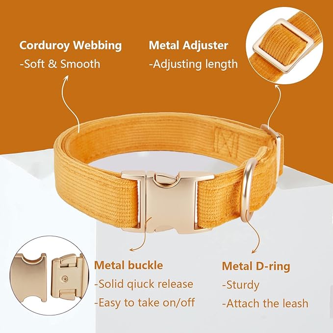Soft Dog Collar with Metal Buckle Adjustable Durable Comfort Cotton Corduroy Collars for Large Medium Small Dogs Velvet Dog Collars, Orange