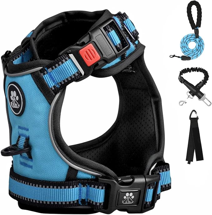FURRYFECTION Dog Harness | No Pull Dog Harness | Reflective Oxford | Padded Handle | 4 Adjustable Straps | 2 Leash Clips | No Choke Pet Vest Harness for Small Medium Large Dogs | Blue | M