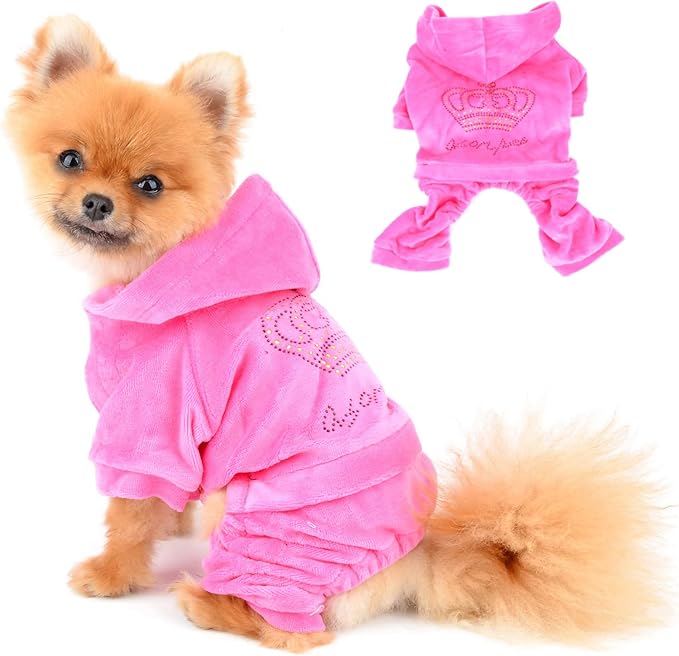 SEIMAI Dog Hoodies Jumpsuit for Small Dog Cat Puppy Rhinestone Crown Soft Velvet Autumn Winter Hooded Pajamas Tracksuit Outfits Sportswear Jacket with Hat Training Outdoor Pink M
