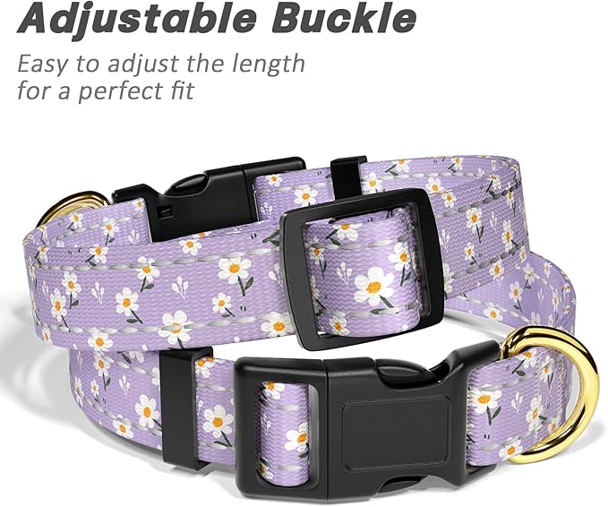 Reflective Dog Collar for Extra Small Dogs, Cute Flower Theme Adjustable Heavy-Duty Nylon Puppy Collar for Boy and Girl Female, Soft Pet Accessories with Quick Release Buckle, Purple White