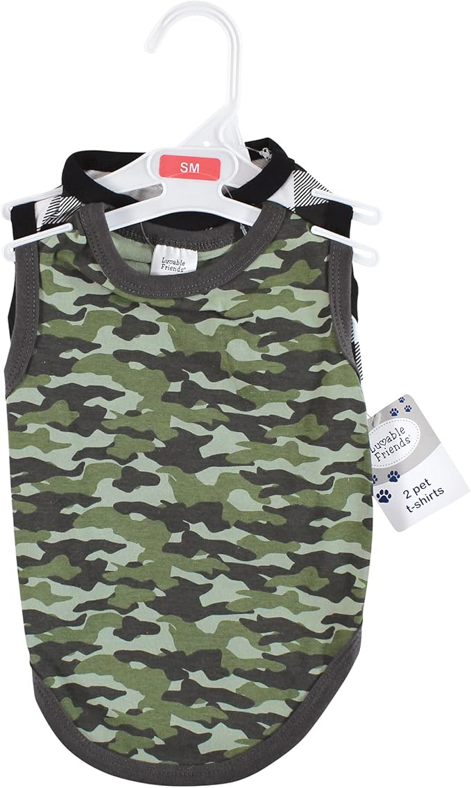 Luvable Friends Dog Pet Dog and Cats Cotton T-Shirts 2pk, Camo Plaid, Medium