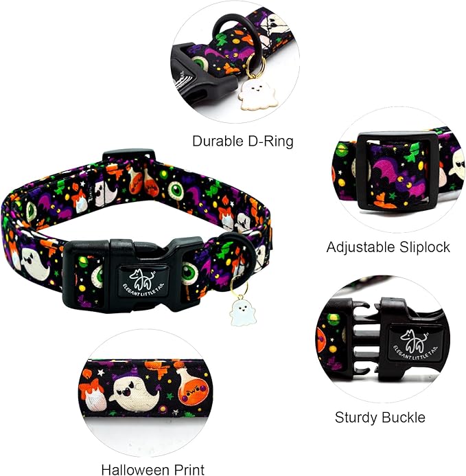 Elegant little tail Halloween Dog Collar, Ghosts Print Fall Male Cute Puppy Adjustable Cotton Pet Collar with Quick Release Buckle for Small Medium Large Dogs