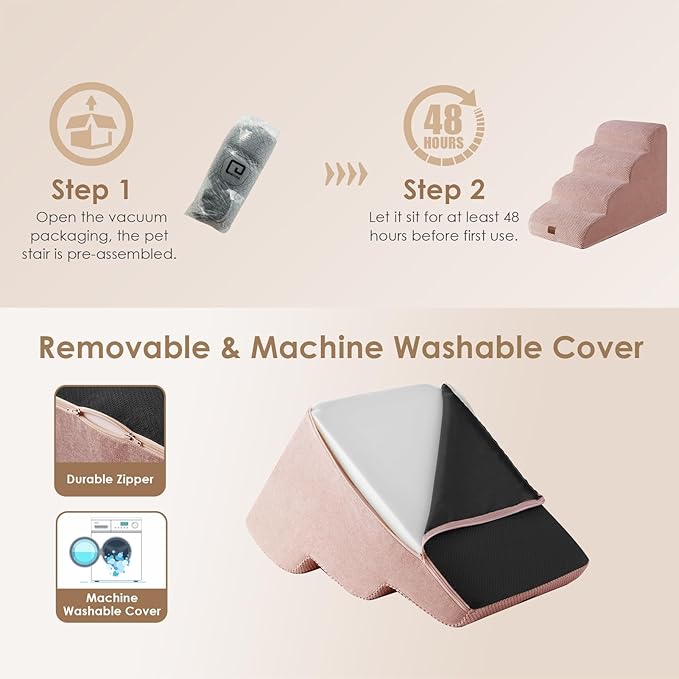 EHEYCIGA Curved Dog Stairs Ramp for High Beds 19.7" H, 4-Step Dog Steps for Small Dogs and Cats, Pet Stairs for High Bed Climbing, Non-Slip Balanced Pet Step Indoor, Dusty Pink