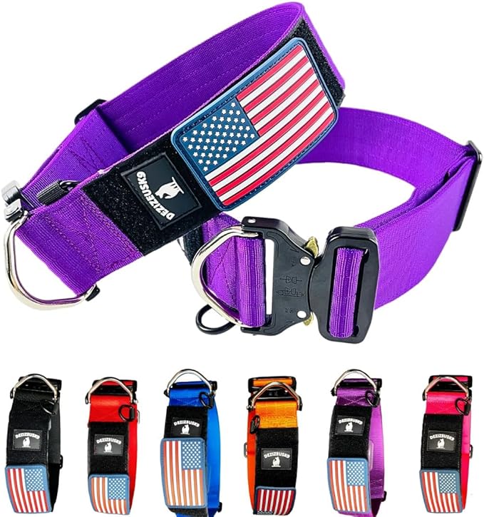 Tactical Dog Collar 2 Inch Wide Thick Heavy Duty Military Style with Metal Buckle, Adjustable for Medium - Large Breeds, Durable K9 Training Gear with Patch Area, USA Flag Patch, Strong and Secure Fit