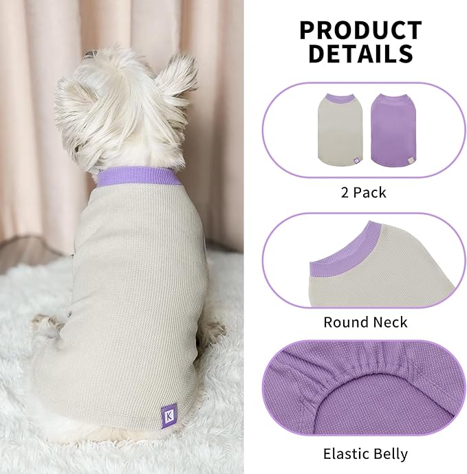 KYEESE 2Pack Dog Shirts Waffle for Small Dogs, Stretchy T-Shirts, Lightweight Tank Top, Sleeveless Vest, Breathable, Large, Purple + Grey