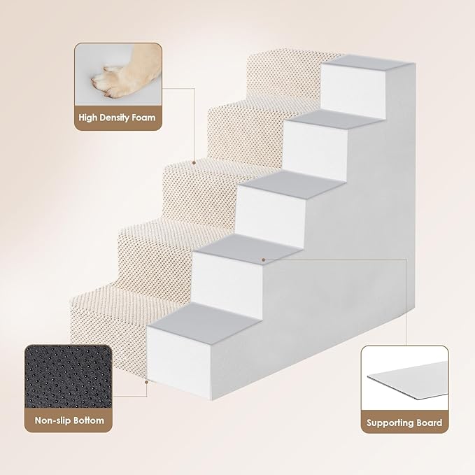 EHEYCIGA Dog Stairs for High Bed 22.5”H, 5-Step Dog Steps for Bed, Pet Steps for Small Dogs and Cats, Non-Slip Balanced Pet Ramp Indoor, Beige