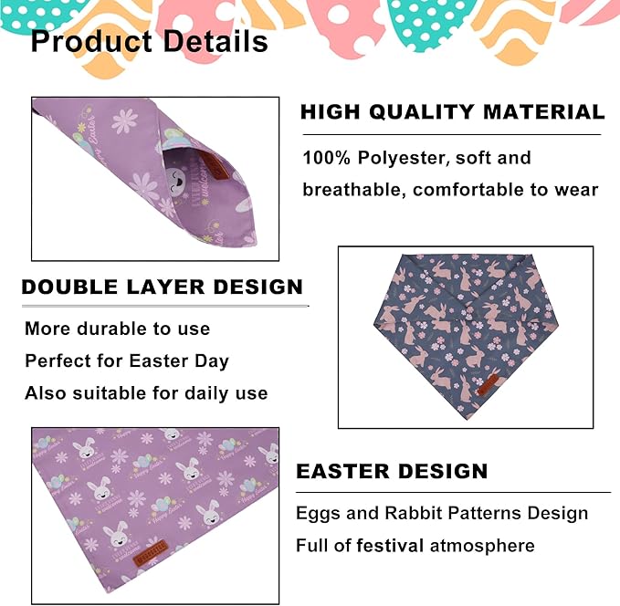 ADOGGYGO Easter Dog Bandanas, Reversible Bunny Floral Pet Scarf, Multi Size Offered, Rabbit Easter Bandana for Medium Large Dogs Pets (Large)