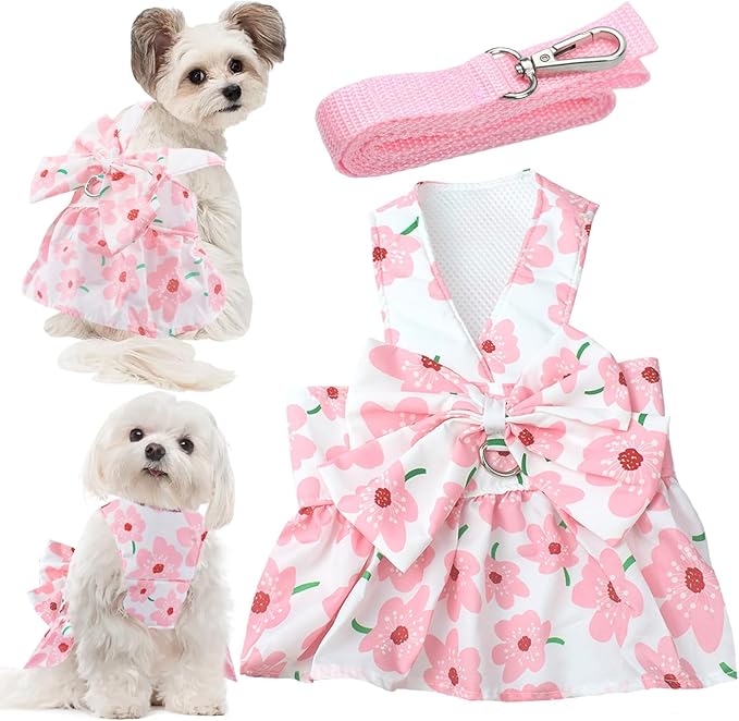 Dog Dress Bowknot Harness Leash Set for Small Girl Dogs Pink Floral Dog Cat Clothes Cute Puppy Outfits Pet Clothes Spring Summer Breathable Dresses(Medium)