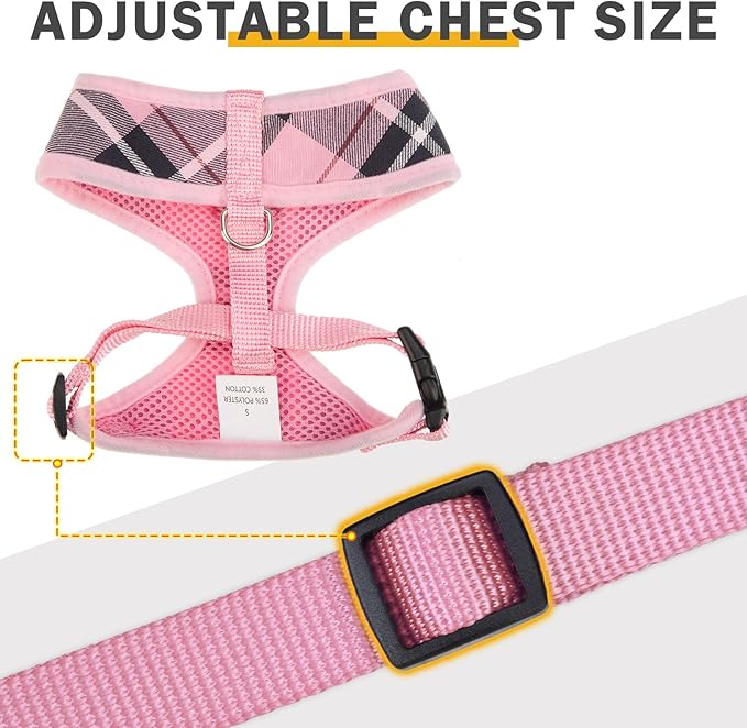 SCENEREAL Puppy Dog Harness with Leash Set for Small Medium Sized Dogs, Soft Mesh Step in Pet Harnesses and Leash, No Chock Plaid Adjustible No Pull Vest for Dogs Cats, Chihuahua,Bulldog (Pink S)